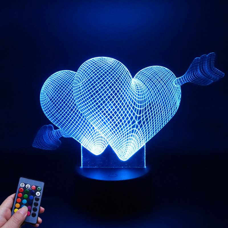 3D LED Lampe - Hjerter med amorpil
