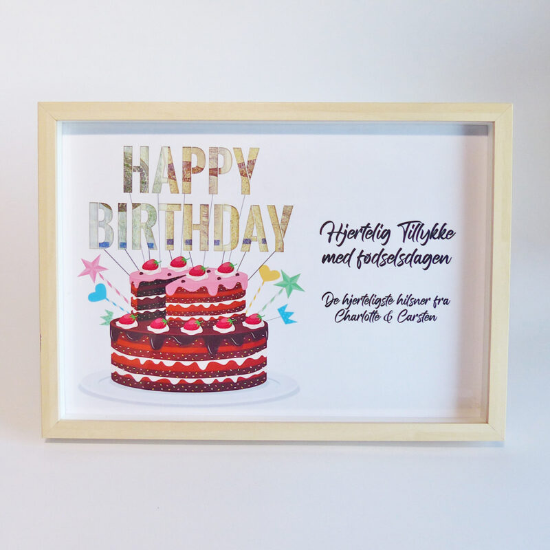 Fødselsdagskage 'Happy Birthday' - pengegave - inklusiv A4 ramme