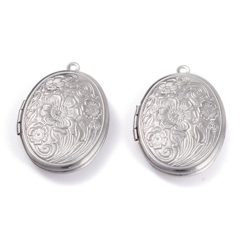 Oval Medaljon m. blomstermotiv inkl. 2 billeder - Sølvfarvet