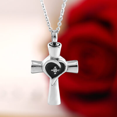 Aske-, Urne- & Mindesmykke - Titanium kors med emanel hjerte og zirkonia sten - Billede 4