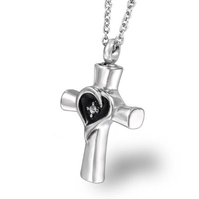 Aske-, Urne- & Mindesmykke - Titanium kors med emanel hjerte og zirkonia sten - Billede 3