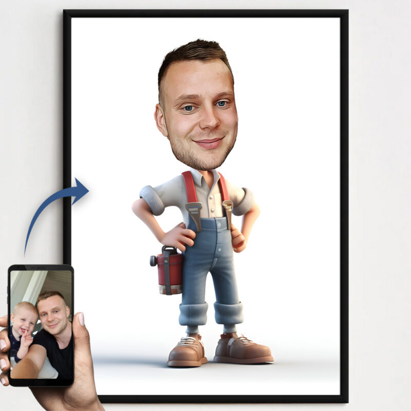 Billede til karrikaturtegning - Arbejdsmand - inkl. sort ramme