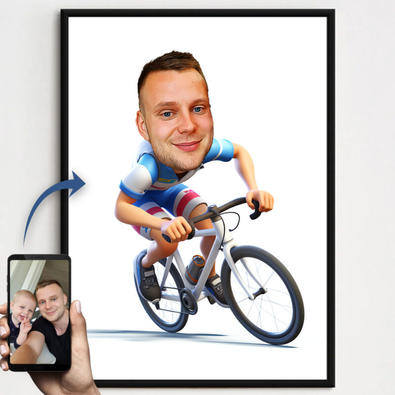 Billede til karrikaturtegning - Cyklist - inkl. sort ramme