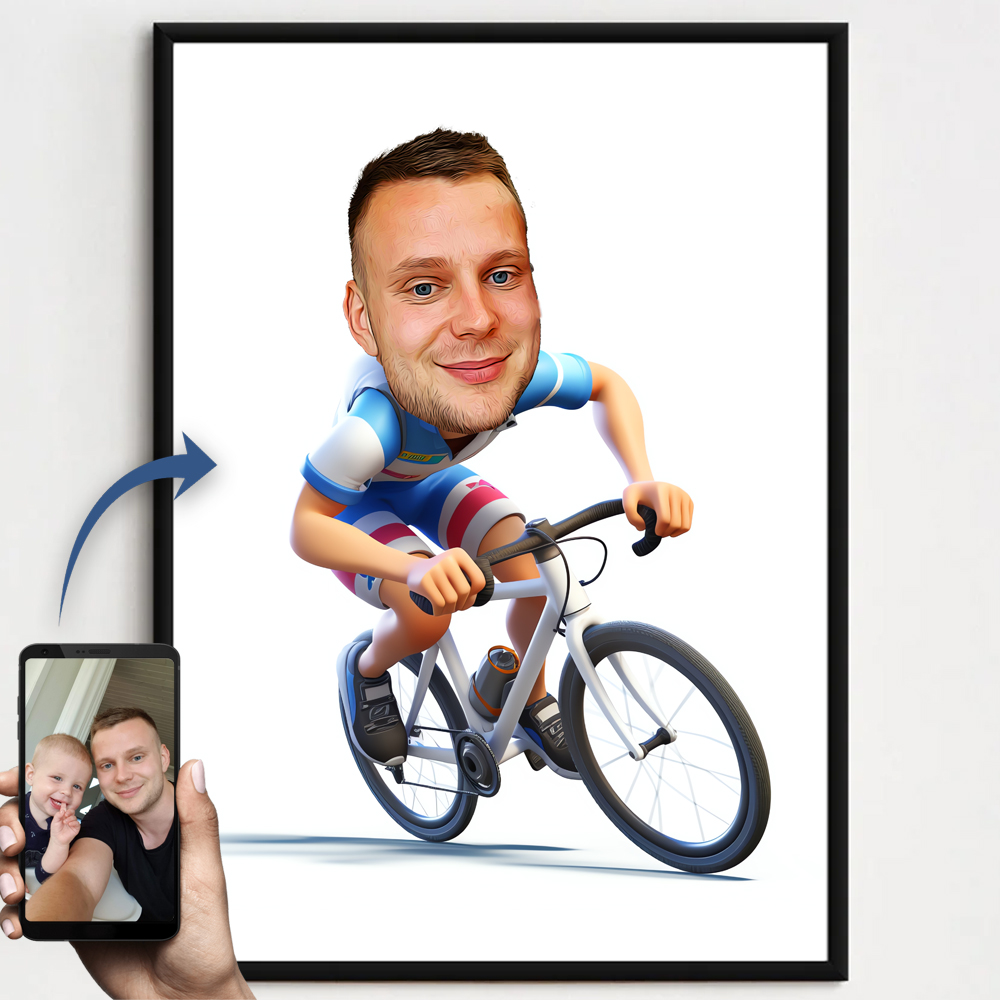 Billede til karrikaturtegning - Cyklist - inkl. sort ramme