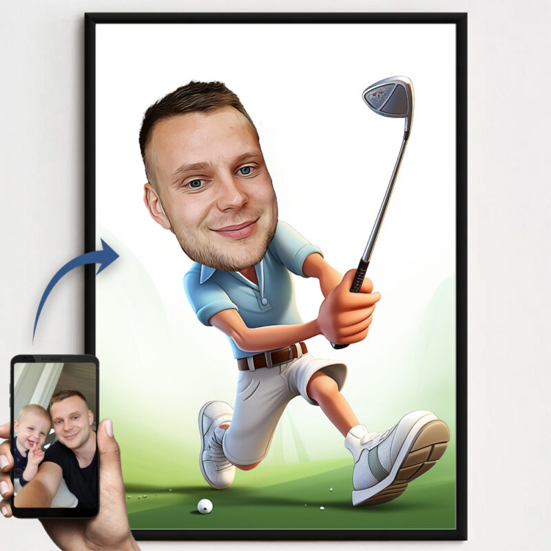 Billede til karrikaturtegning - Golf - inkl. sort ramme