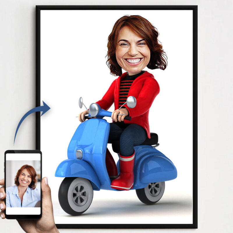 Billede til karrikaturtegning - Scooter - inkl. sort ramme