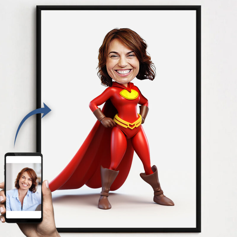 Billede til karrikaturtegning - Superwoman - inkl. sort ramme