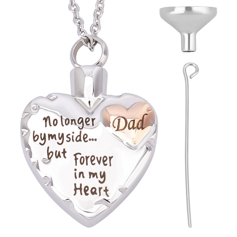 Aske-, Urne- & Mindesmykke - Hjertesmyke med graveret  tekst "No longer by my side but forever in my heart - Dad"