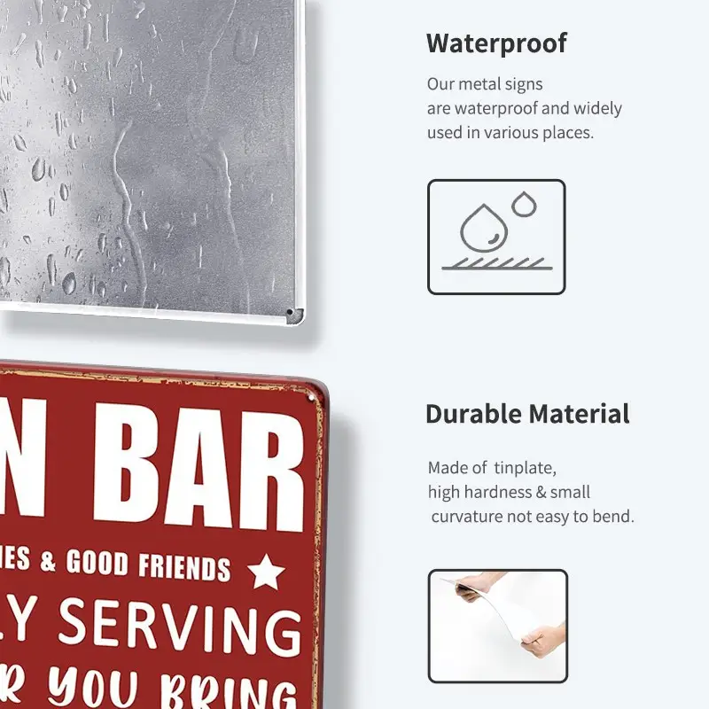 Vintage Retro Style Metalskilt: Open bar - to good times - to good friends - proudly serving whatever you bring (30 x 20 cm) - Billede 4