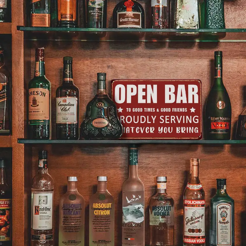 Vintage Retro Style Metalskilt: Open bar - to good times - to good friends - proudly serving whatever you bring (30 x 20 cm) - Billede 3