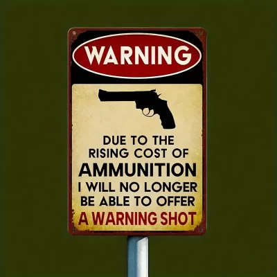 Vintage Retro Style Metalskilt: Due to the rising cost of ammunition I will no longer be able to offer a warning shot (30 x 20 cm) - Billede 6