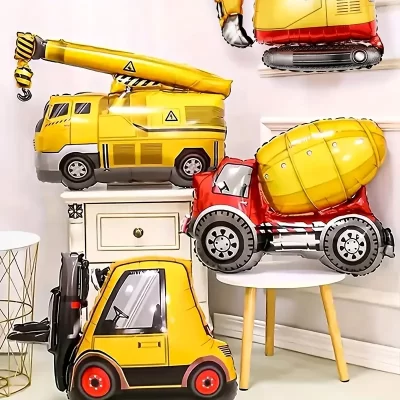 4 stk Køretøjer folieballoner - gravemaskine - kran - cementblander - gaffeltruck - Billede 6