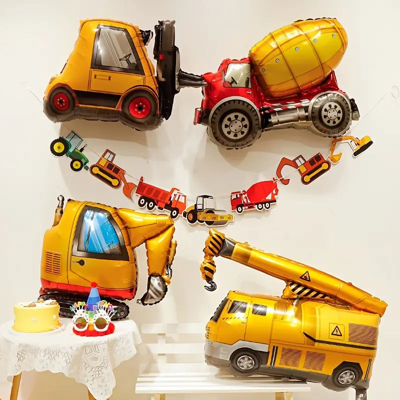 4 stk Køretøjer folieballoner - gravemaskine - kran - cementblander - gaffeltruck