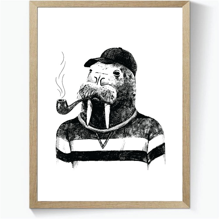 Animal Hipsters: Hvalros med pibe - sort/hvid