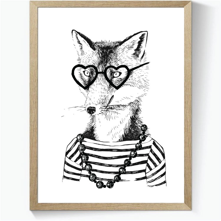 Animal Hipsters: Ræv - sort/hvid