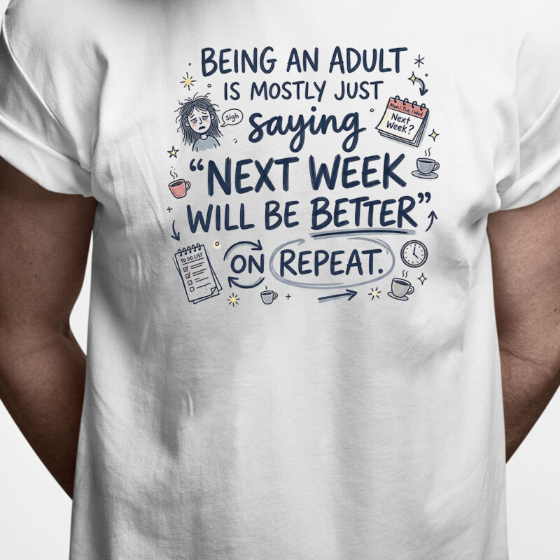 T-shirt: Being an adult is mostly just saying "Next week will be better" on repeat